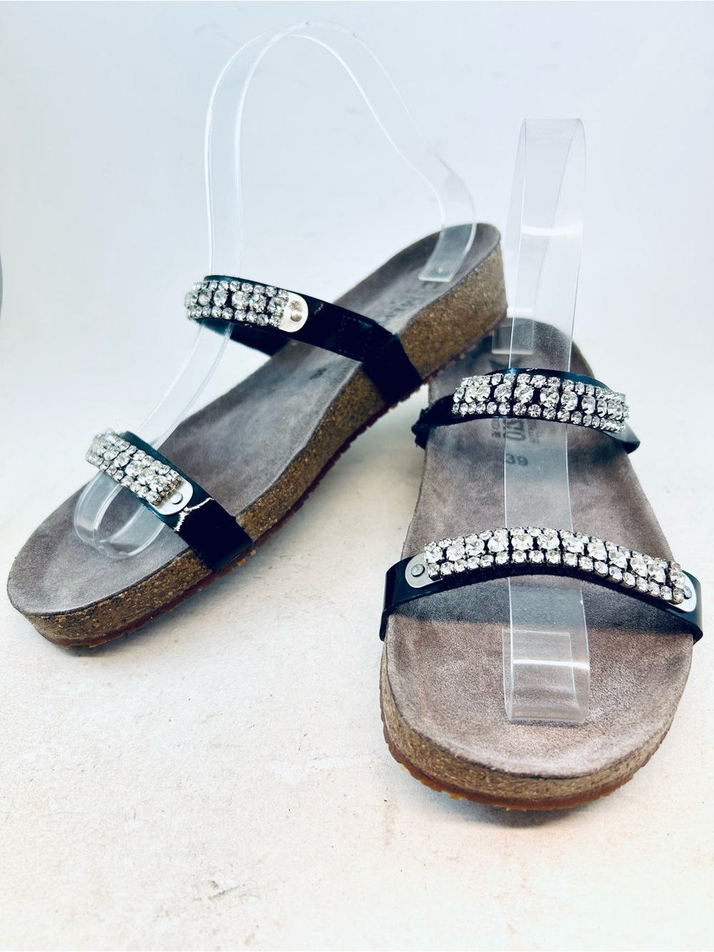 Mephisto Black Two Strap Rhinestones Ivana Low Wedge Sandals, size 39 9